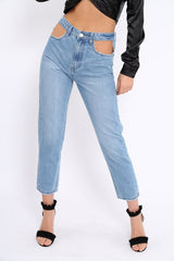 Light Blue Denim Cut Out Pocket Boyfriend Jeans - Jaime-Jeans