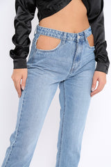 Light Blue Denim Cut Out Pocket Boyfriend Jeans - Jaime-Jeans
