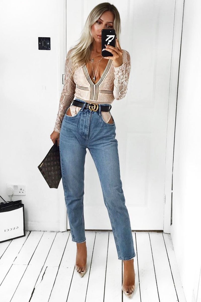 Blue Ripped Cut Out Mom Jeans - Almer