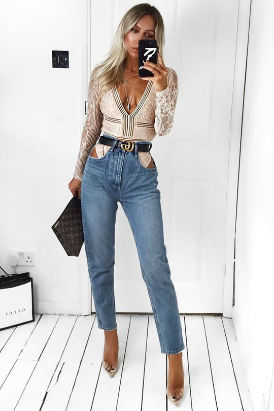 Light Blue Denim Cut Out Pocket Boyfriend Jeans - Jaime