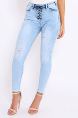 Light Blue Denim Ripped Lace Up Jeans - Zadee-Jeans