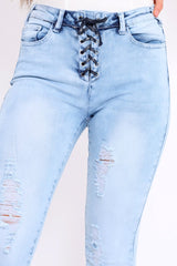 Light Blue Denim Ripped Lace Up Jeans - Zadee-Jeans