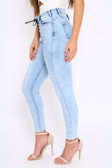 Light Blue Denim Ripped Lace Up Jeans - Zadee-Jeans