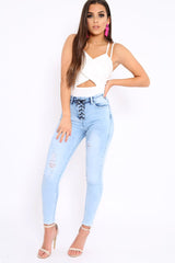 Light Blue Denim Ripped Lace Up Jeans - Zadee-Jeans