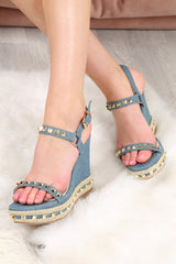 Light Blue Denim Studded Wedges - Darcy-Wedges
