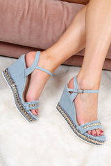 Light Blue Denim Studded Wedges - Destina-Wedges