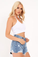 Light Blue Distressed Angle Hem Shorts - Evanne-Shorts