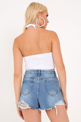 Light Blue Distressed Angle Hem Shorts - Evanne-Shorts
