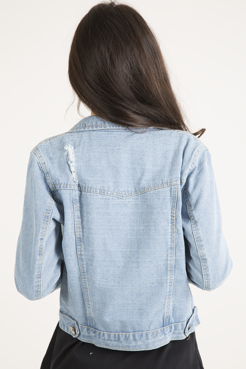 Light Blue Distressed Cropped Denim Jacket - Charlie-Jackets