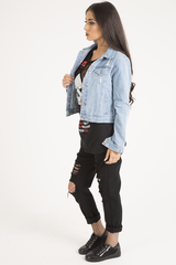 Light Blue Distressed Cropped Denim Jacket - Charlie-Jackets