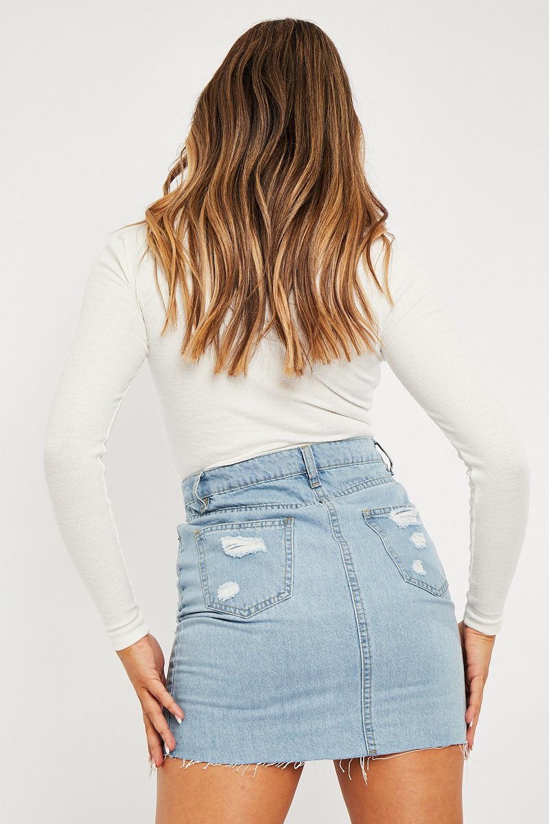 Light Blue Distressed Denim Mini Skirt - Joya-Skirts
