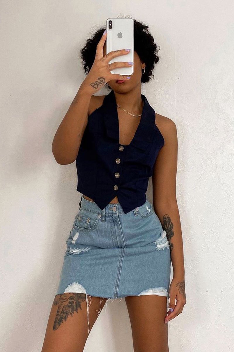 Light Blue Distressed Denim Mini Skirt - Joya-Skirts