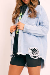 Light Blue Distressed Denim Oversized Shirt - Deena-Shirts