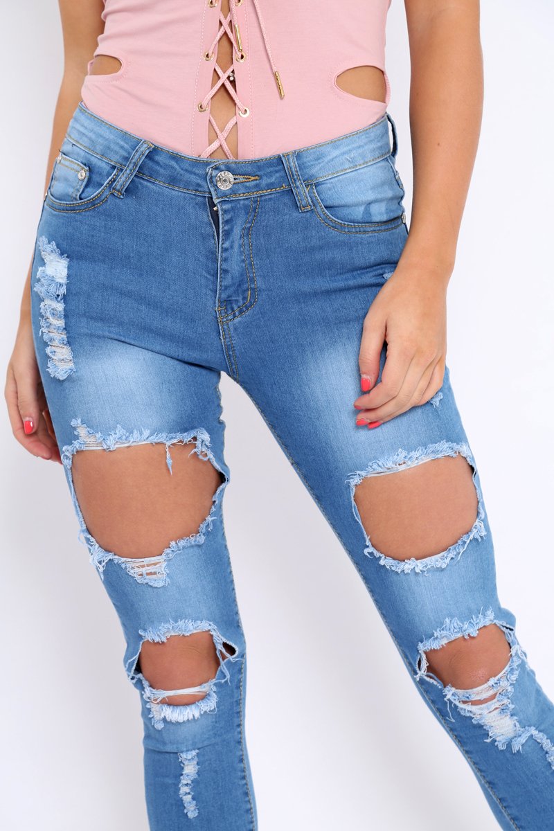 Light Blue Distressed Extreme Cut Out Skinny Jeans - Lilie-Jeans