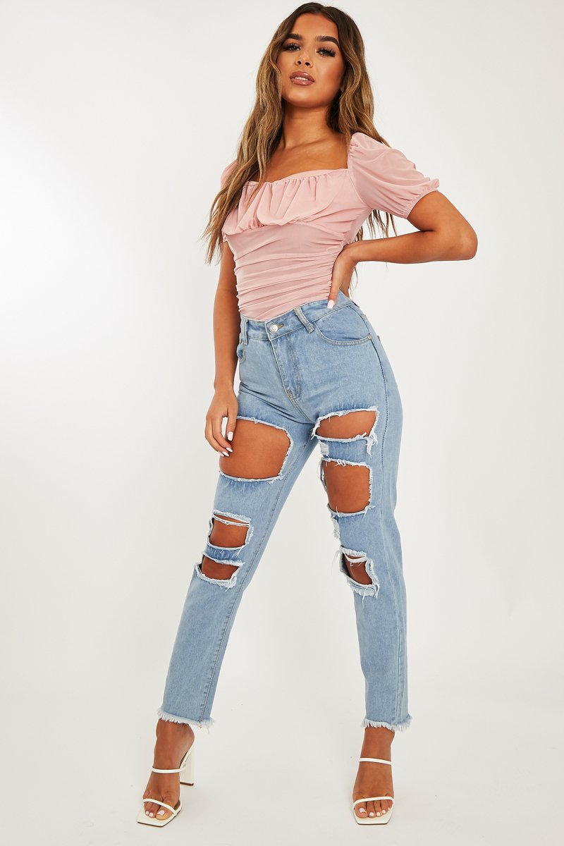 Light Blue Distressed Rip Frayed Straight Mom Jeans - Erin-Jeans