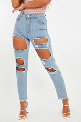 Light Blue Distressed Rip Frayed Straight Mom Jeans - Erin-Jeans