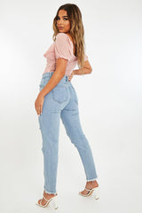Light Blue Distressed Rip Frayed Straight Mom Jeans - Erin-Jeans
