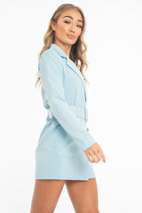 Light Blue Double Breasted Button Front Belted Blazer - Huda-Blazers
