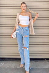 Light Blue Extreme Rip Inside Leg Split Straight Jeans - Rosina-Jeans