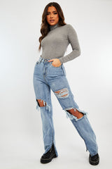Light Blue Extreme Rip Inside Leg Split Straight Jeans - Rosina-Jeans