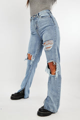 Light Blue Extreme Rip Inside Leg Split Straight Jeans - Rosina-Jeans
