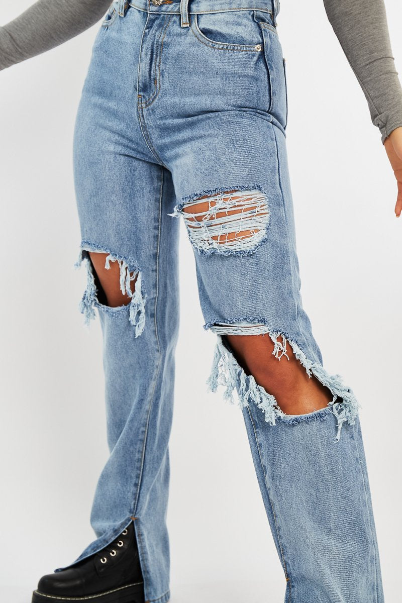 Light Blue Extreme Rip Inside Leg Split Straight Jeans - Rosina-Jeans