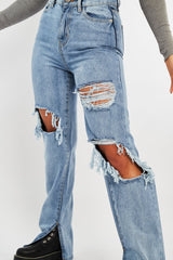 Light Blue Extreme Rip Inside Leg Split Straight Jeans - Rosina-Jeans