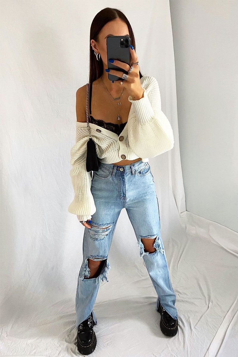 Light Blue Extreme Rip Inside Leg Split Straight Jeans - Rosina-Jeans