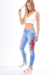 Light Blue Floral Embroidered Ripped Knee Skinny Jeans - Myah-Jeans