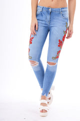 Light Blue Floral Embroidered Ripped Knee Skinny Jeans - Myah-Jeans