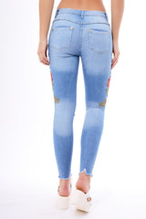 Light Blue Floral Embroidered Ripped Knee Skinny Jeans - Myah-Jeans