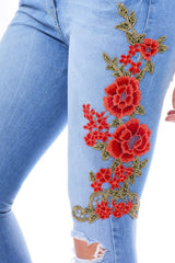 Light Blue Floral Embroidered Ripped Knee Skinny Jeans - Myah-Jeans
