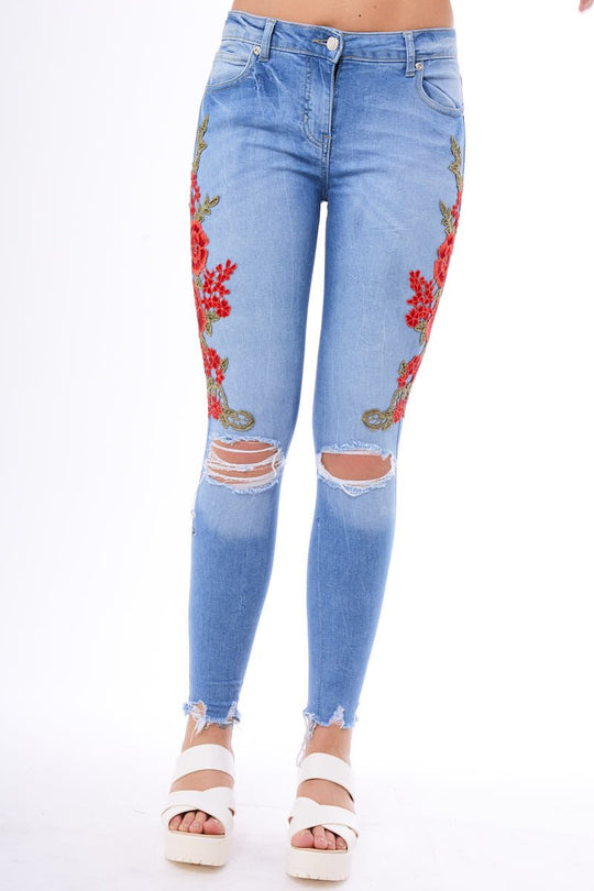 Light Blue Floral Embroidered Ripped Knee Skinny Jeans - Myah