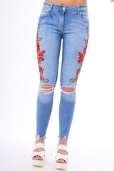 Light Blue Floral Embroidered Ripped Knee Skinny Jeans - Myah-Jeans