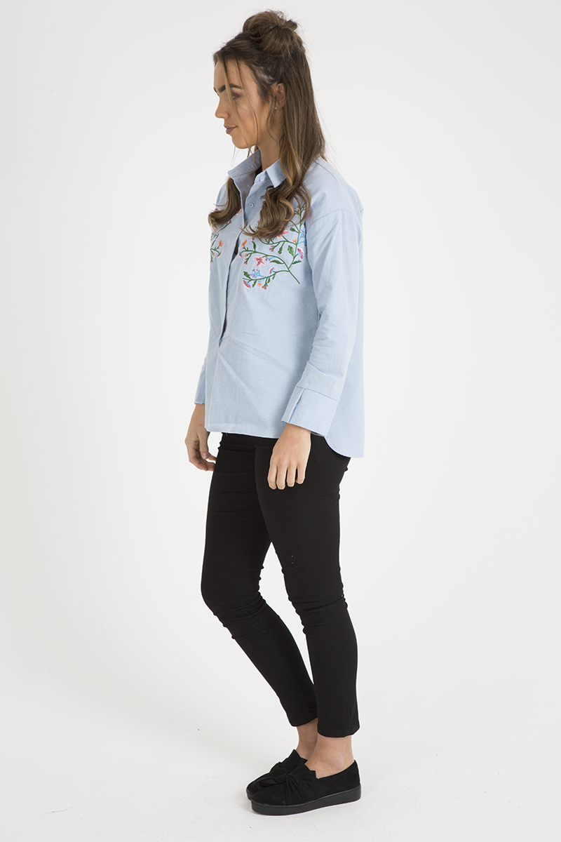 Light Blue Floral Embroidered Shirt - Kara-Shirts