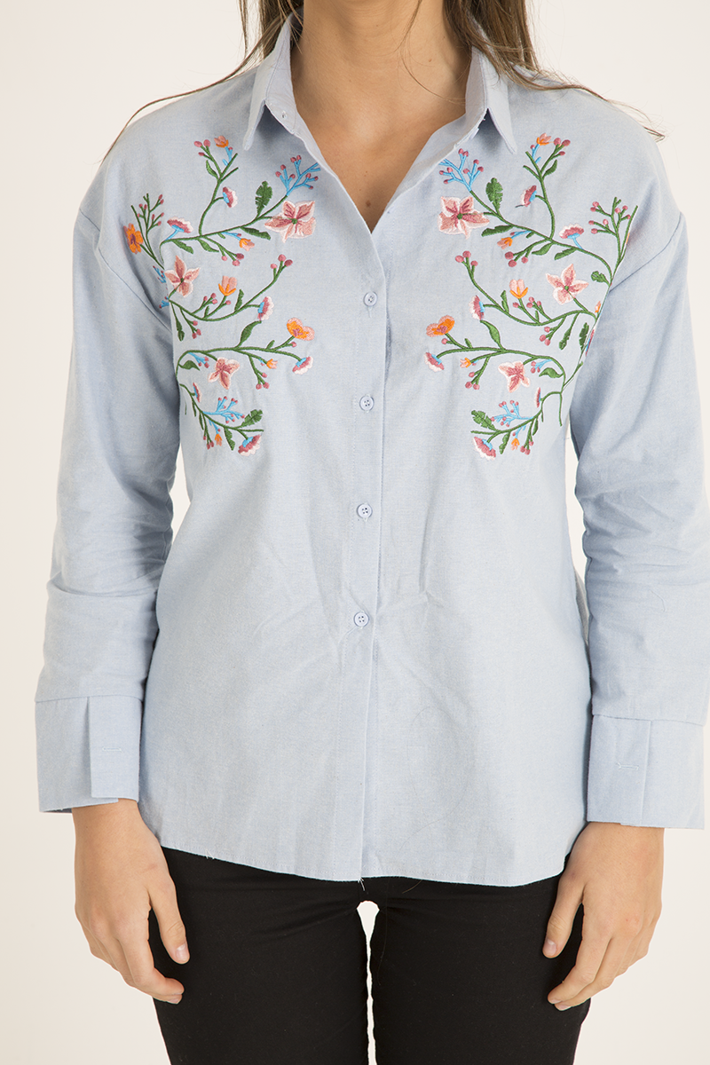 Light Blue Floral Embroidered Shirt - Kara-Shirts