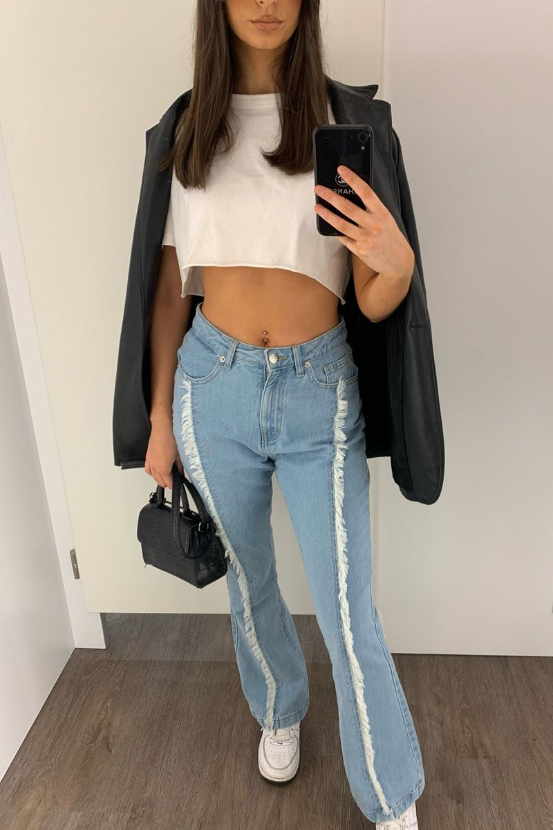 Light Blue Frayed Seam Flare Jeans - Ava