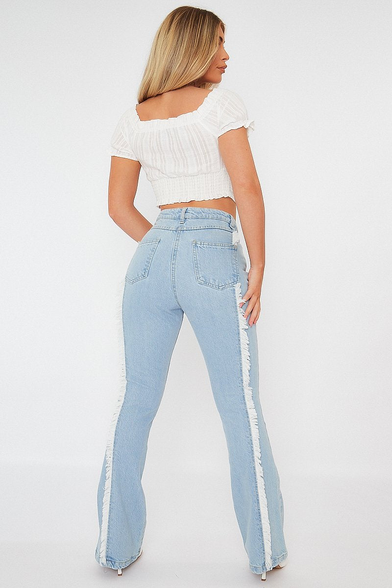 Light Blue Frayed Seam Flare Jeans - Ava-Jeans