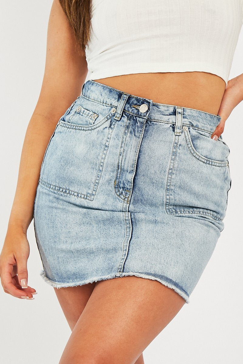 Light Blue Front Pocket Frayed Hem Denim Skirt - Elita-Skirts