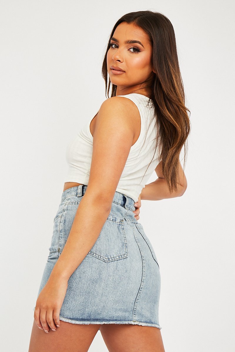 Light Blue Front Pocket Frayed Hem Denim Skirt - Elita-Skirts