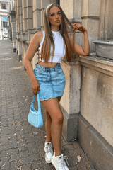 Light Blue Front Pocket Frayed Hem Denim Skirt - Elita-Skirts