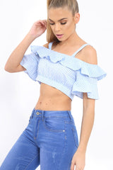 Light Blue Gingham Cold Shoulder Frill Crop Top - Lant-Crop Tops