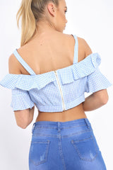 Light Blue Gingham Cold Shoulder Frill Crop Top - Lant-Crop Tops