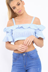 Light Blue Gingham Cold Shoulder Frill Crop Top - Lant-Crop Tops