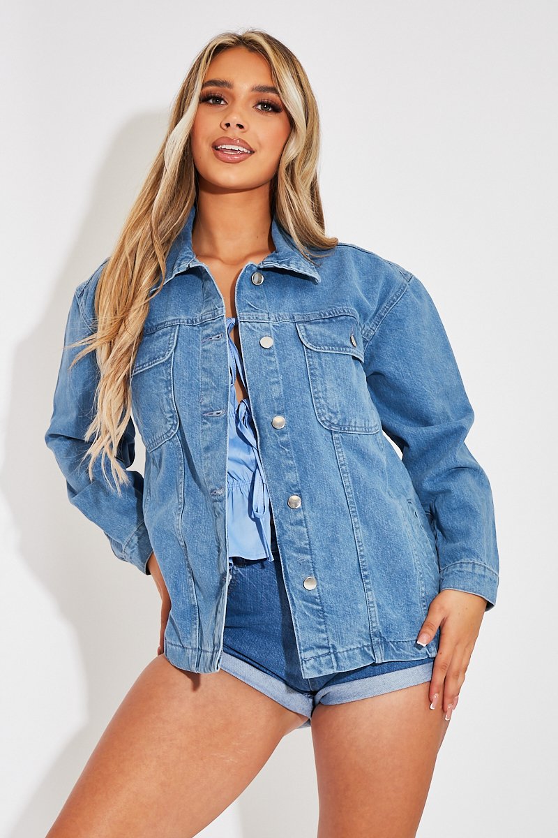 Light Blue Longline Trucker Denim Jacket - Leilana-Denim Jackets