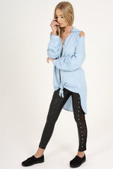 Light Blue Oversized Cold Shoulder Front Zip Shirt - India-Shirts