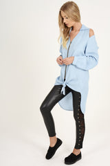 Light Blue Oversized Cold Shoulder Front Zip Shirt - India-Shirts