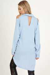 Light Blue Oversized Cold Shoulder Front Zip Shirt - India-Shirts