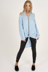 Light Blue Oversized Cold Shoulder Front Zip Shirt - India-Shirts