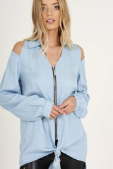 Light Blue Oversized Cold Shoulder Front Zip Shirt - India-Shirts